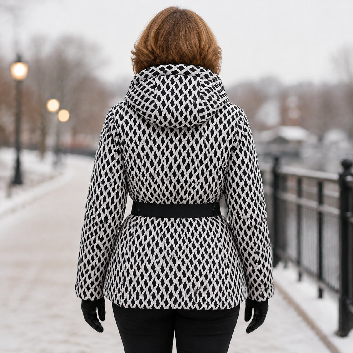 parka coat — Ruby black and white geometric parka rear view — view 6