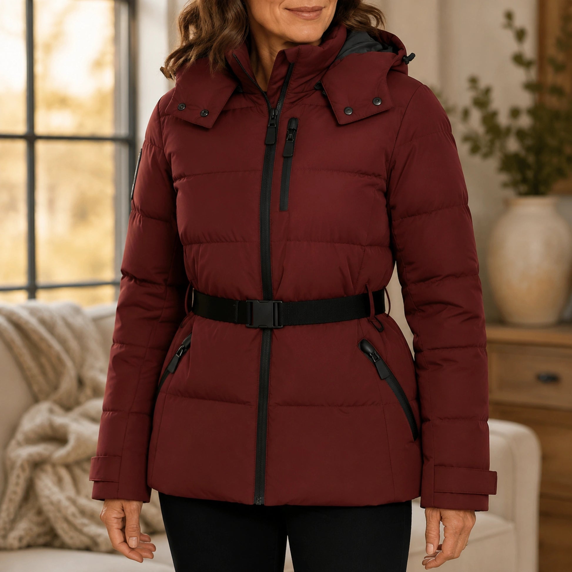 parka coat — Ruby burgundy parka quilting zipper belt and pocket detail — view 8