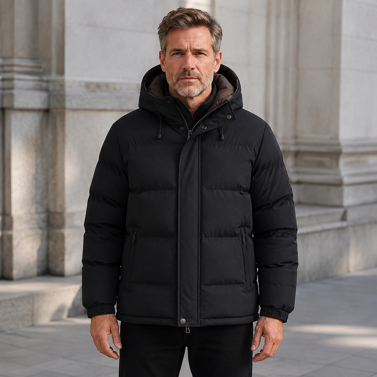 parka coat — Ryan black hooded puffer parka complete front view