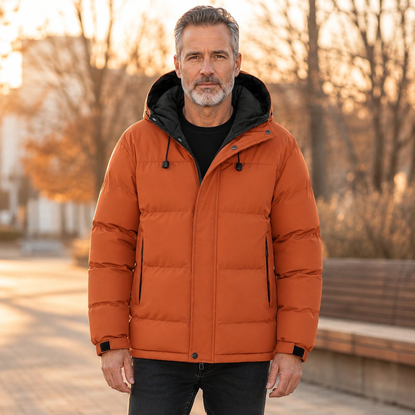 parka coat — Ryan brick red hooded puffer parka complete front view — view 4