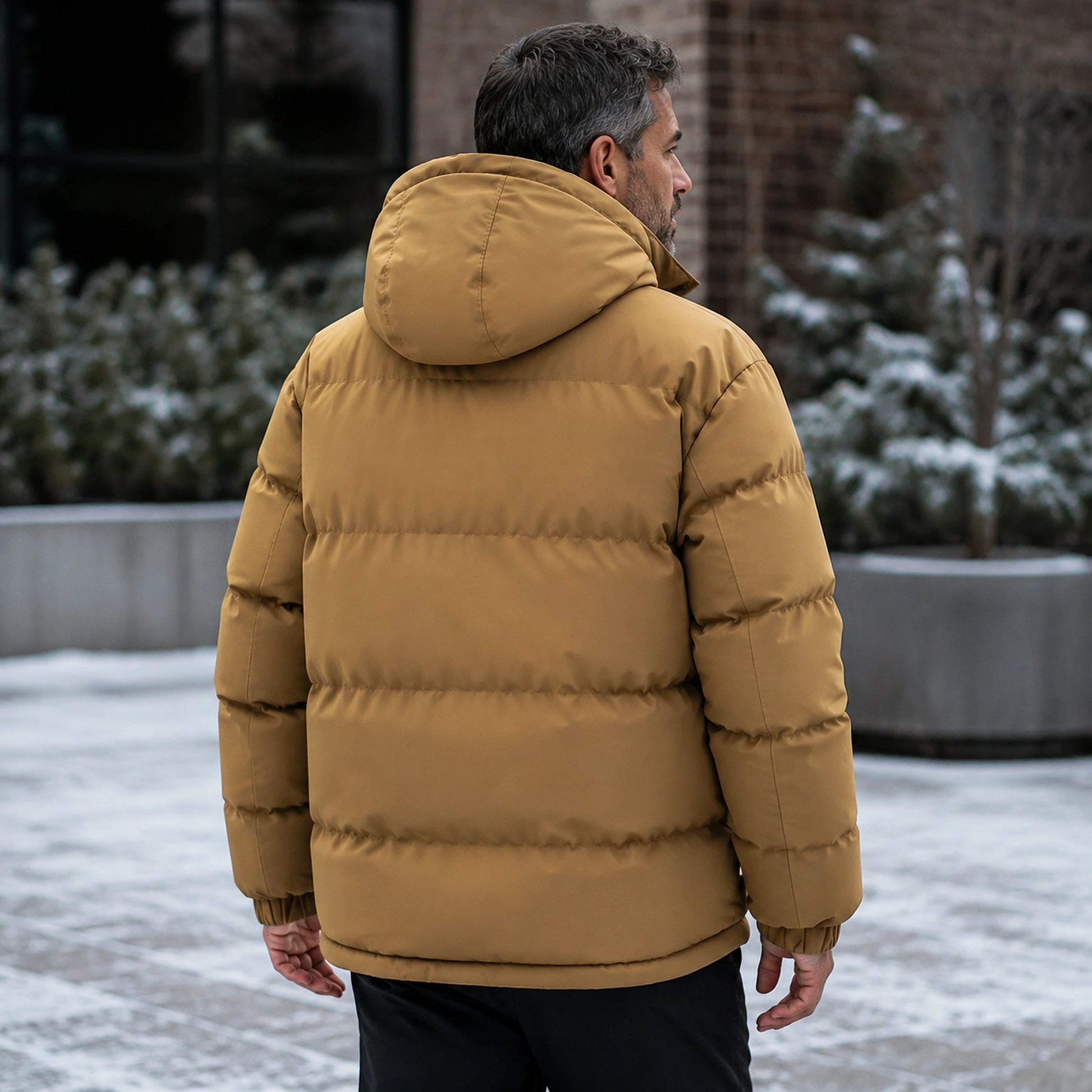 parka coat — Ryan brown hooded puffer parka three quarter back view — view 5
