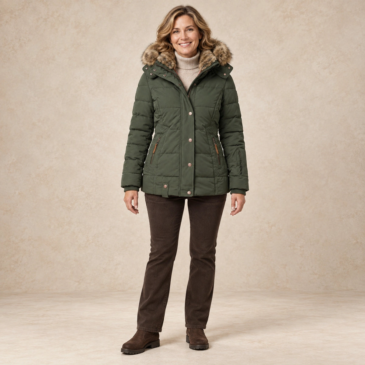 parka coat — Image; complete full front view; Green sheryl garment worn by a happy adult model