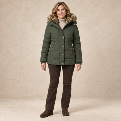 parka coat — Image; complete full front view; Green sheryl garment worn by a happy adult model