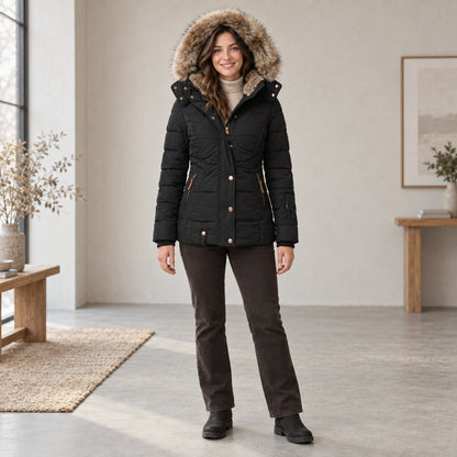 parka coat — Complete full front view; Black sheryl garment worn by a happy adult model — view 2