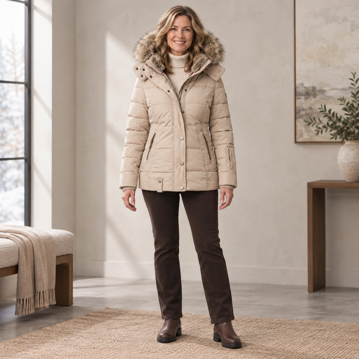 parka coat — Complete full front view; Beige sheryl garment worn by a happy adult model — view 3