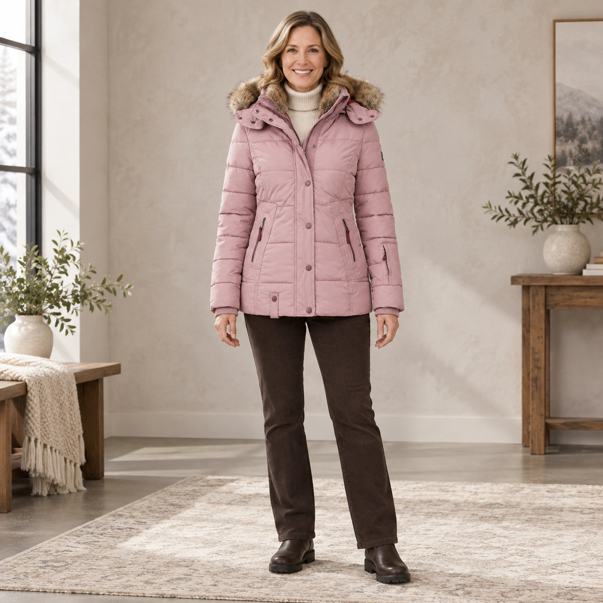 parka coat — Complete full front view; Pink sheryl garment worn by a happy adult model — view 5