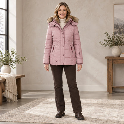 parka coat — Complete full front view; Pink sheryl garment worn by a happy adult model — view 5