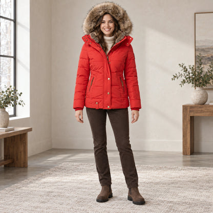 parka coat — Complete full front view; Red sheryl garment worn by a happy adult model — view 6