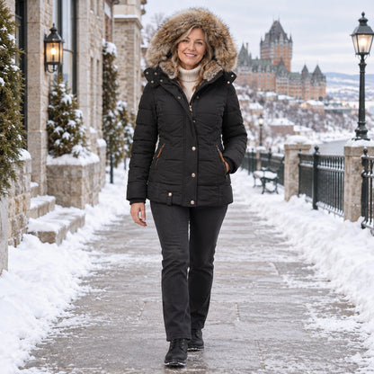 parka coat — Usa and Canada October–December; Black sheryl garment worn by a happy adult model — view 9