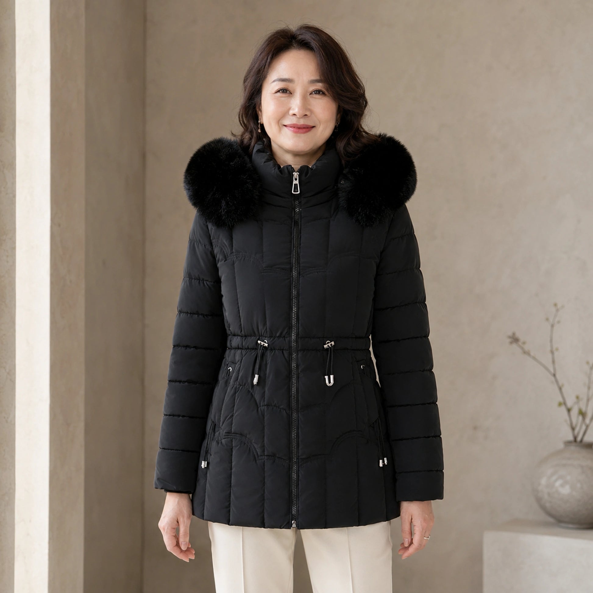 parka coat — Woman wearing black faux fur hooded puffer coat, complete front view — view 2