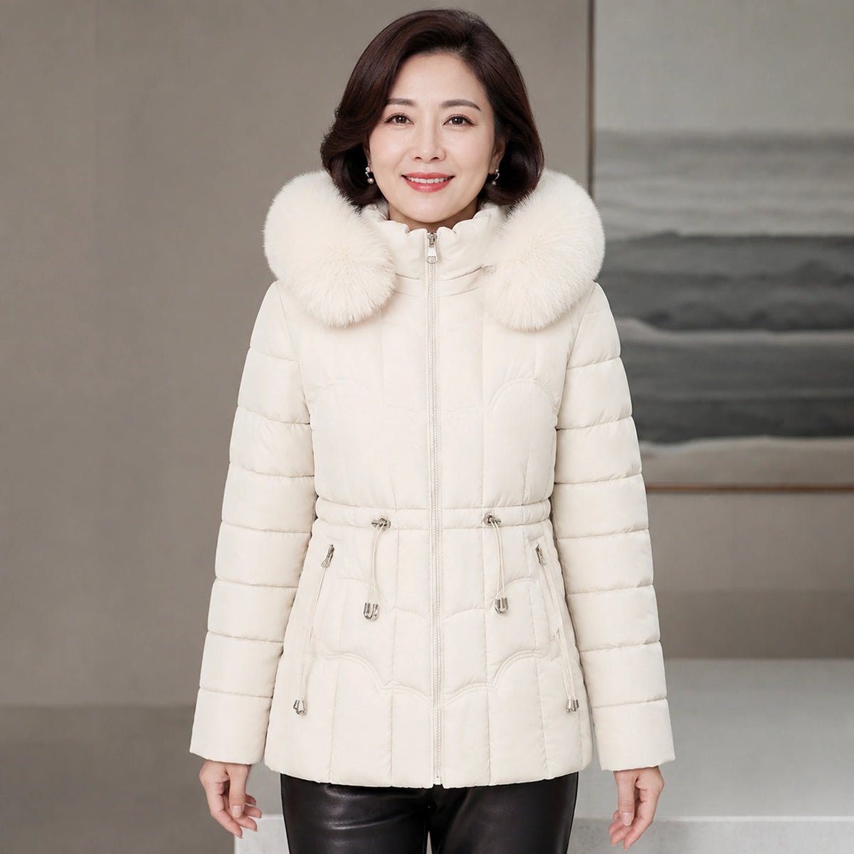 parka coat — Woman wearing ivory faux fur hooded puffer coat, complete front view — view 5