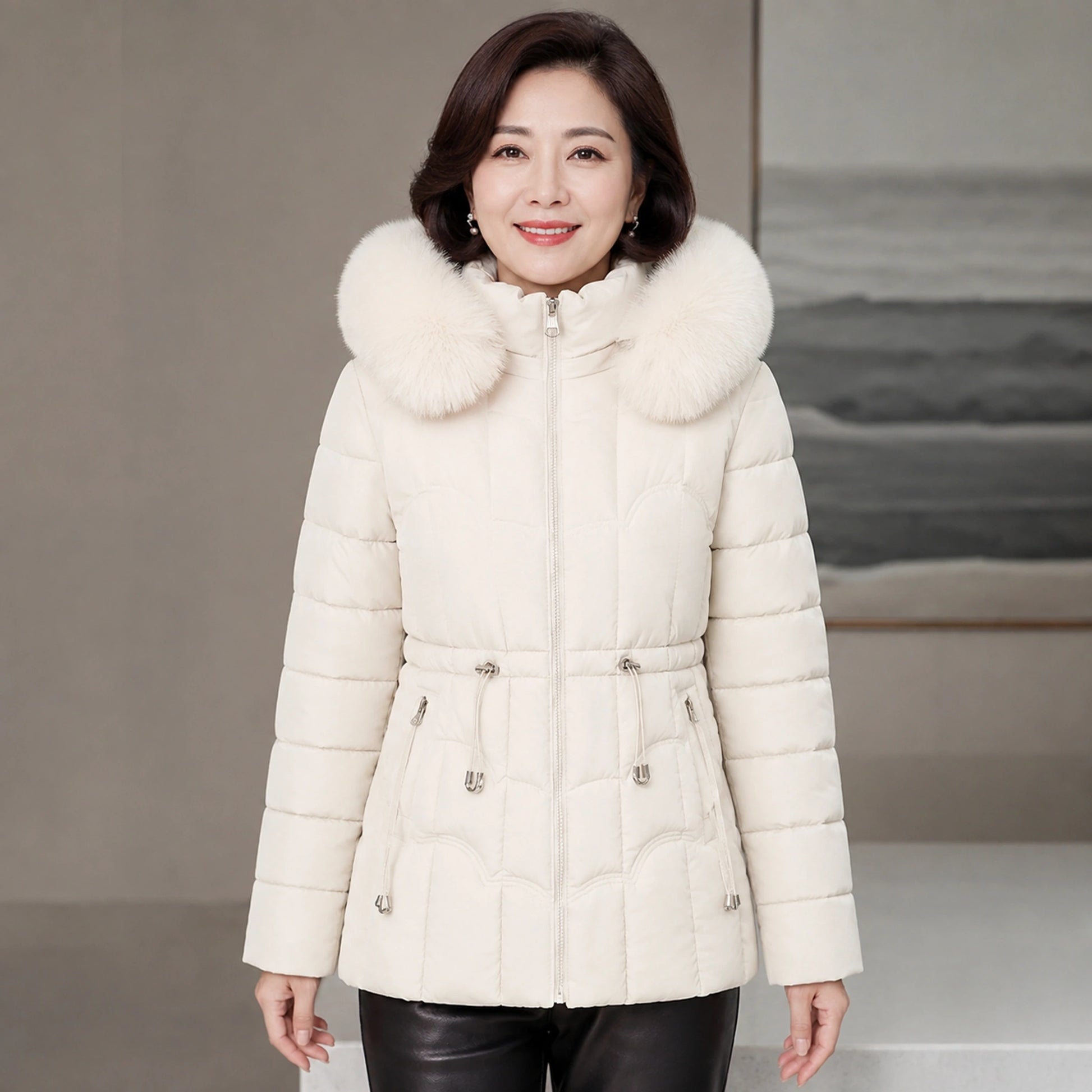 parka coat — Woman wearing ivory faux fur hooded puffer coat, complete front view — view 5