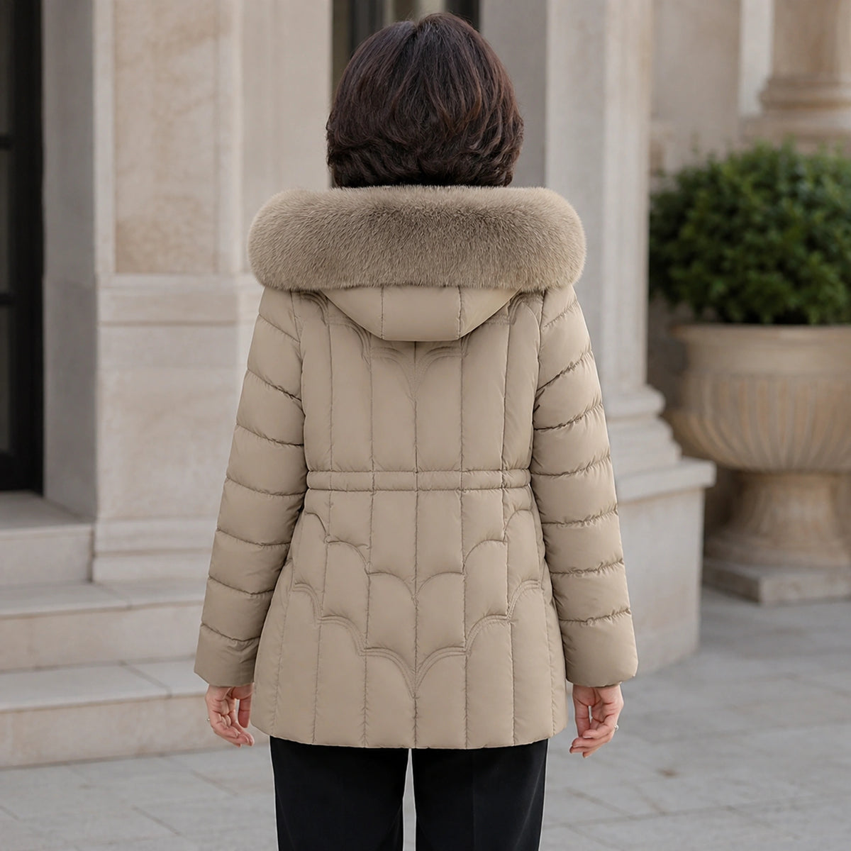 parka coat — Woman wearing taupe faux fur hooded puffer coat, complete rear view — view 6