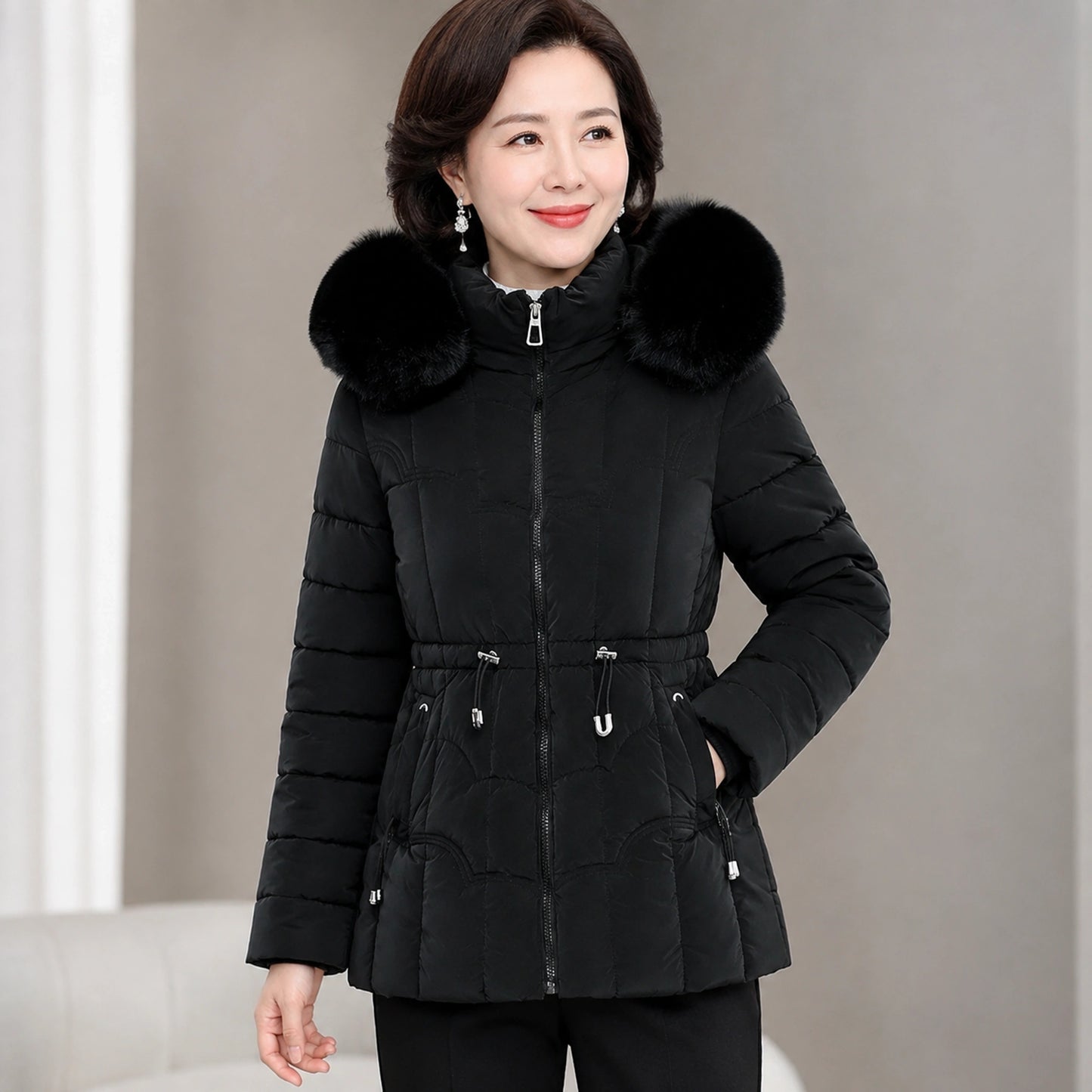 parka coat — Black faux fur hooded puffer coat zipper, quilting and waist detail — view 7