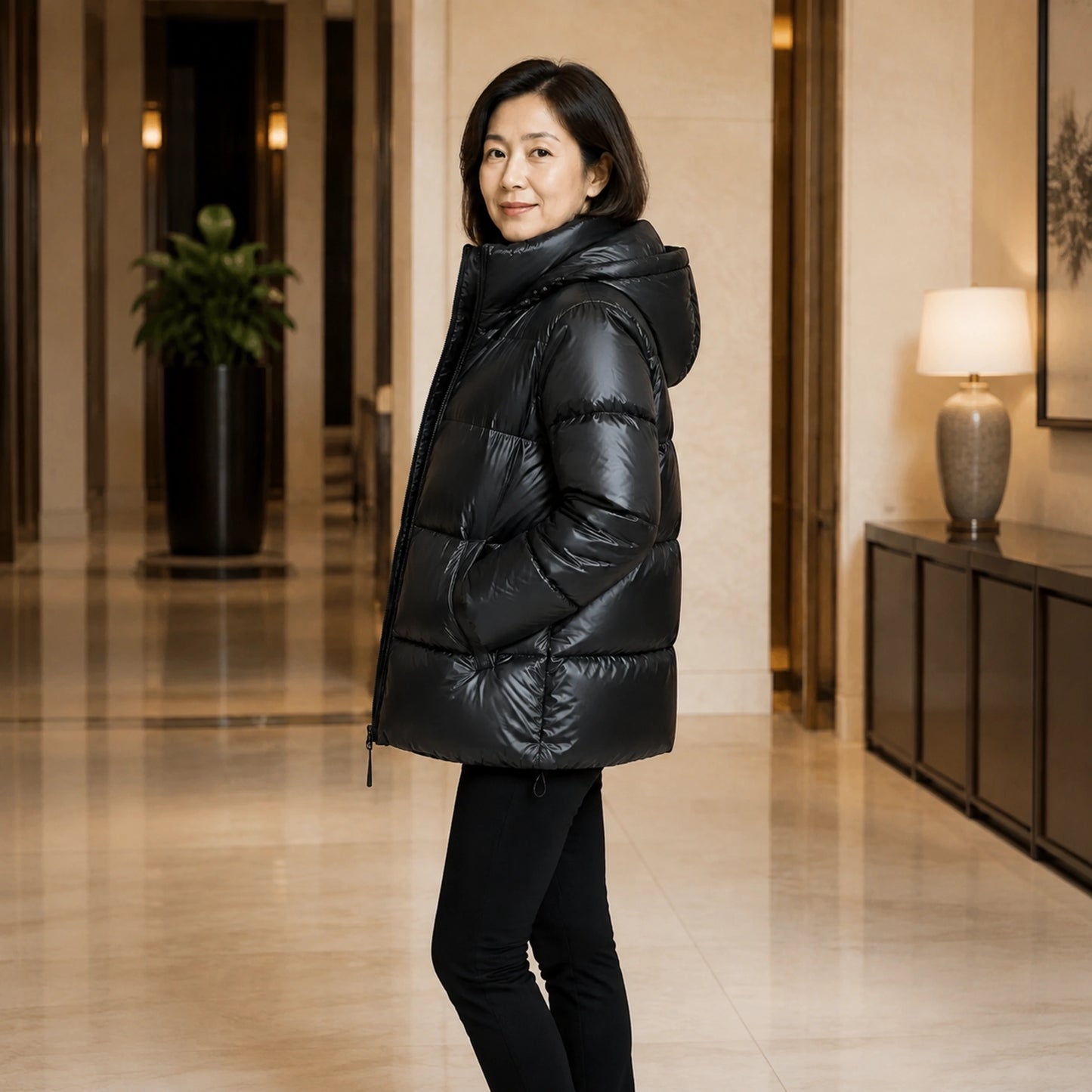 parka coat — Woman wearing glossy black hooded puffer coat, complete side view — view 2