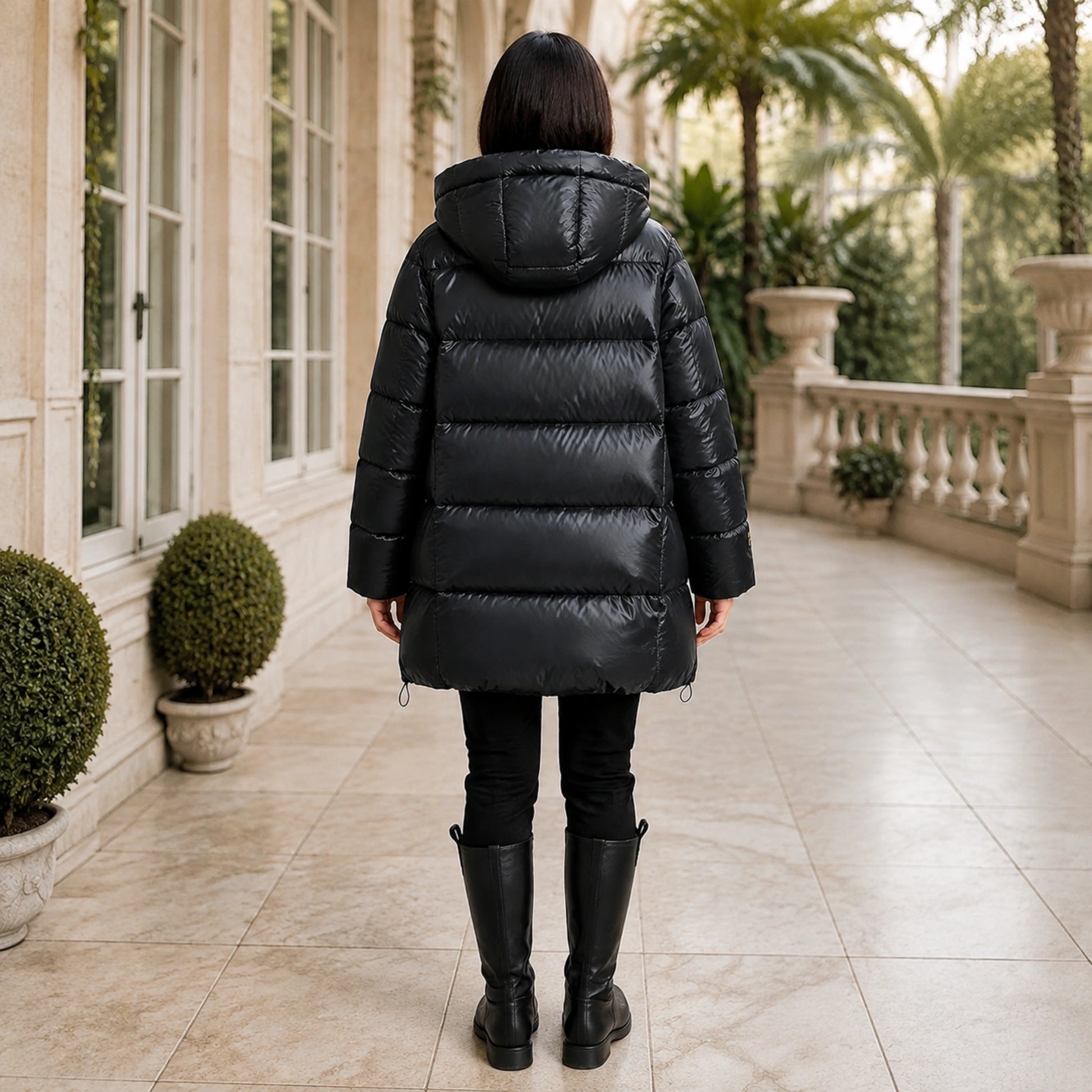 parka coat — Woman wearing glossy black hooded puffer coat, complete rear view — view 3