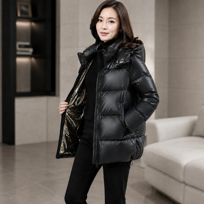 parka coat — Glossy black puffer coat high collar, zipper and metallic lining detail — view 4