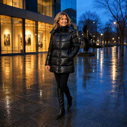 parka coat — Woman wearing glossy black hooded puffer coat in a rainy evening city setting — view 5