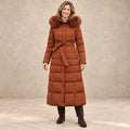 parka coat — Image; complete full front view; Brown tanja garment worn by a happy adult model