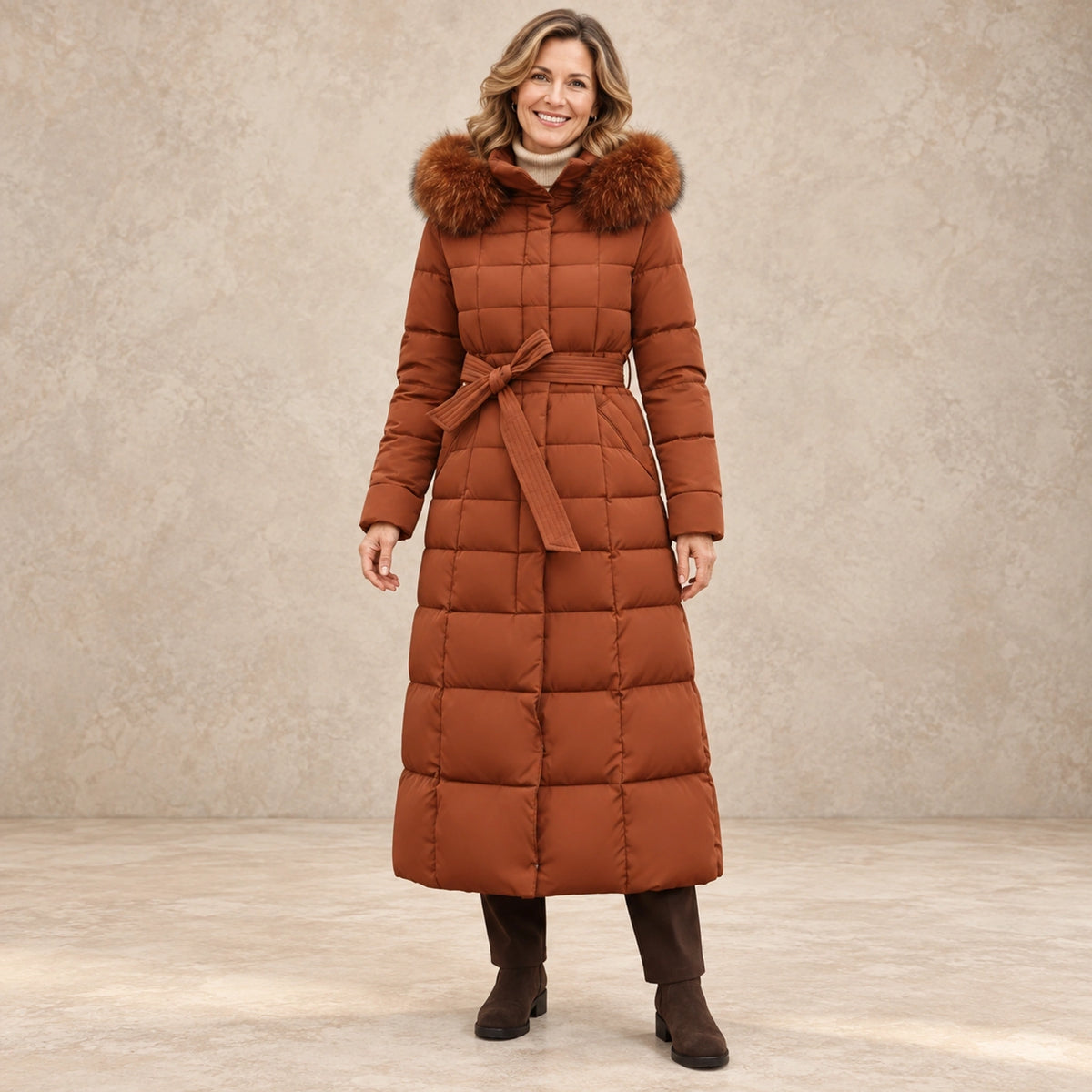 parka coat — Image; complete full front view; Brown tanja garment worn by a happy adult model