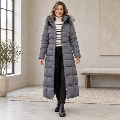 parka coat — Complete full front view; Dark Gray tanja garment worn by a happy adult model — view 3