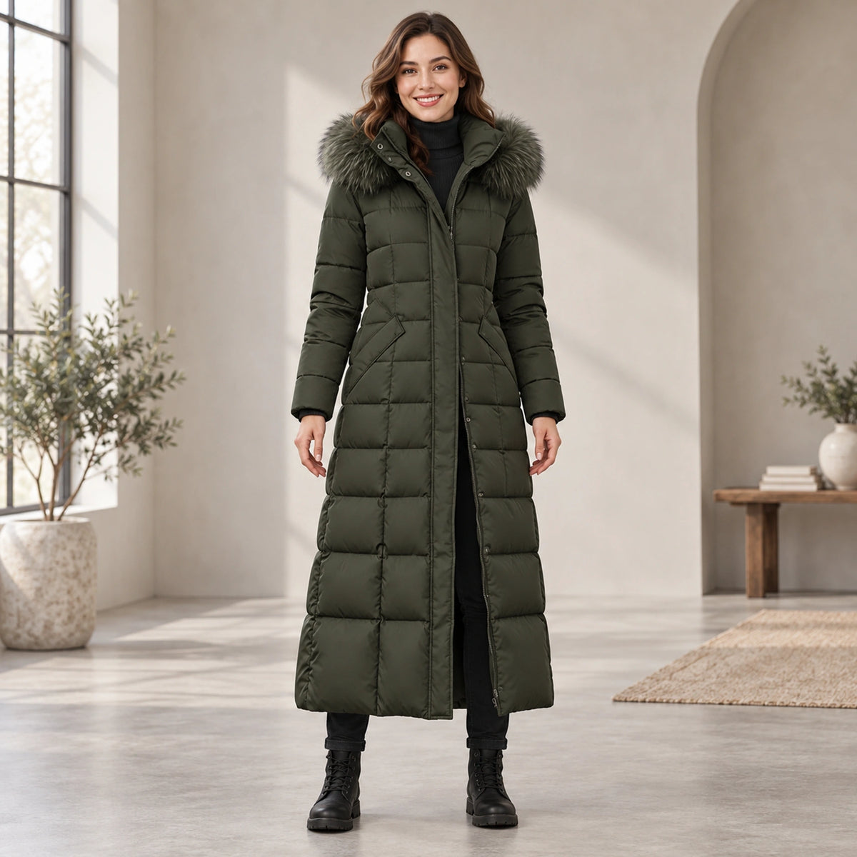 parka coat — Complete full front view; Green tanja garment worn by a happy adult model — view 4
