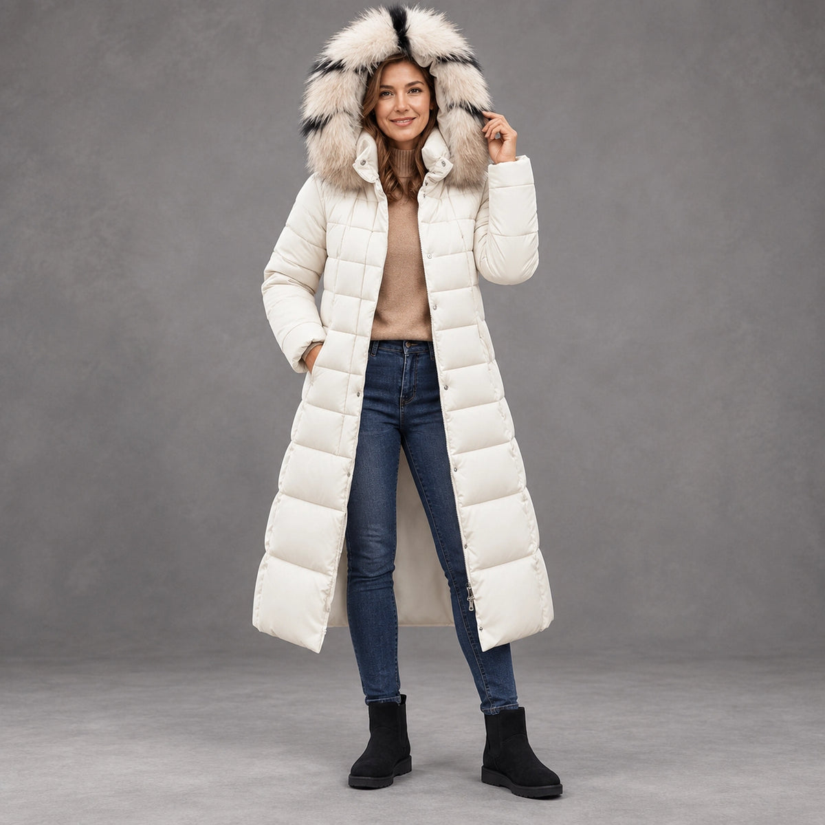 parka coat — Complete full front color view; Off white tanja; happy adult model in Usacanada October–December winter — view 6