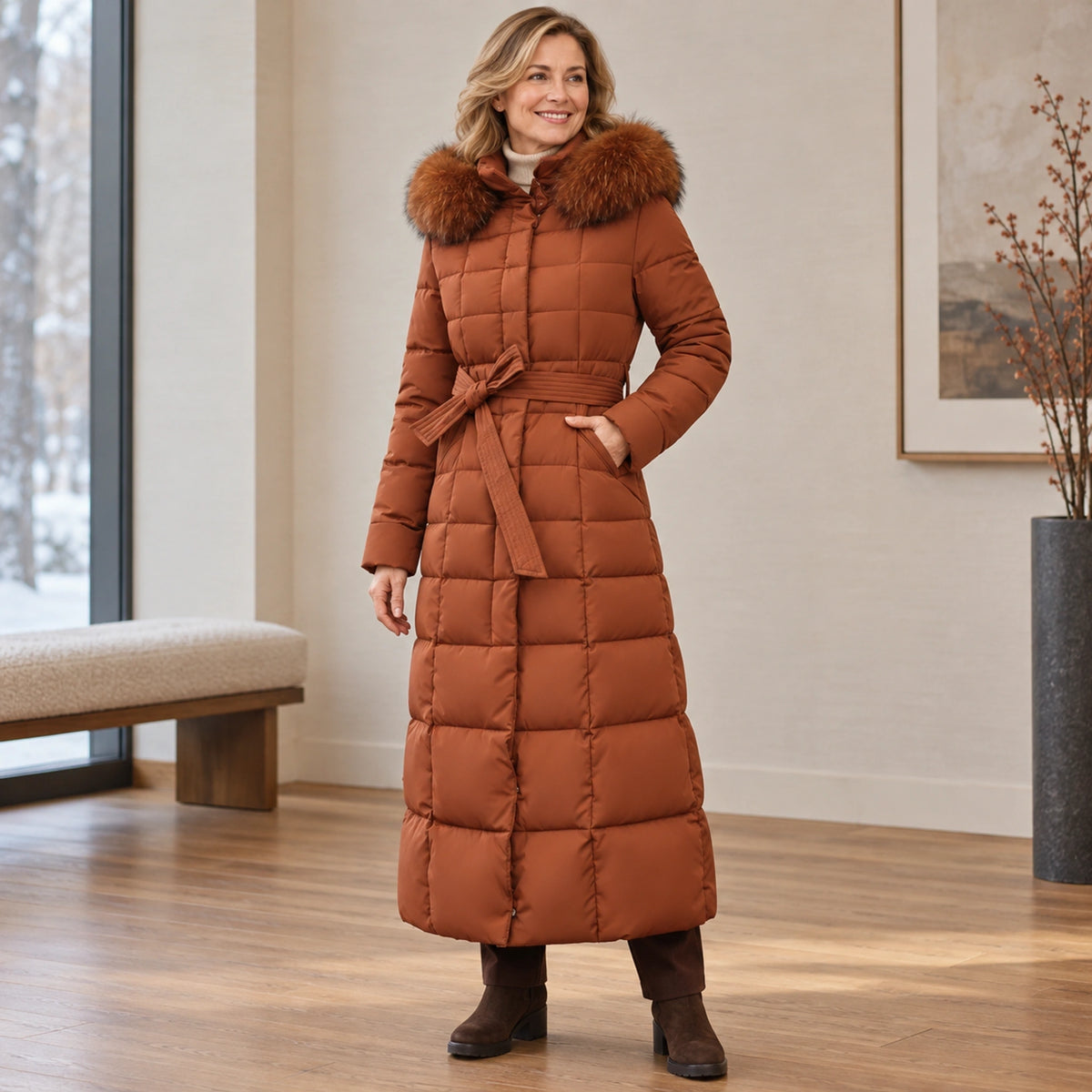 parka coat — Usa and Canada October–December front angle; Brown tanja garment worn by a happy adult model — view 7