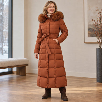 parka coat — Usa and Canada October–December front angle; Brown tanja garment worn by a happy adult model — view 7