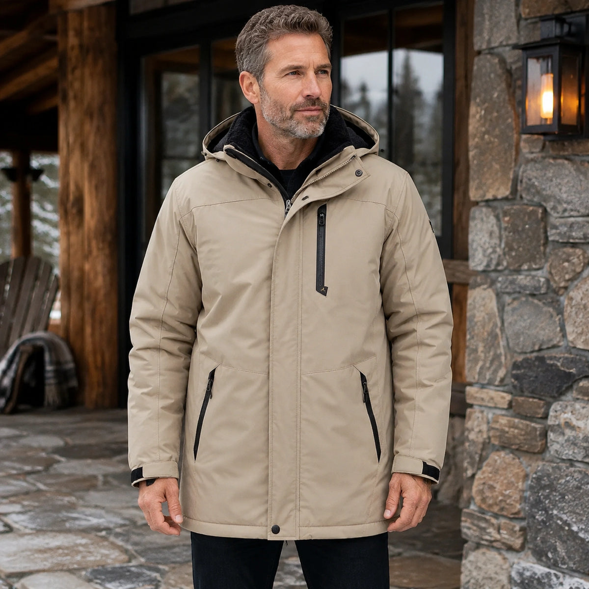 parka coat — William khaki fleece lined waterproof outdoor parka complete front view — view 4