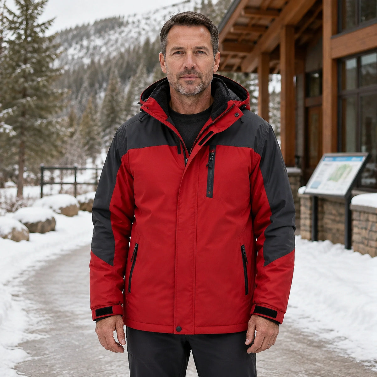 parka coat — William red fleece lined waterproof outdoor parka complete front view — view 5