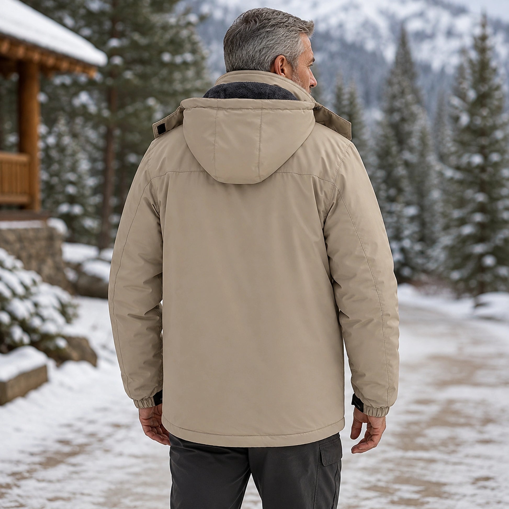 parka coat — William khaki fleece lined waterproof outdoor parka three quarter back view — view 6