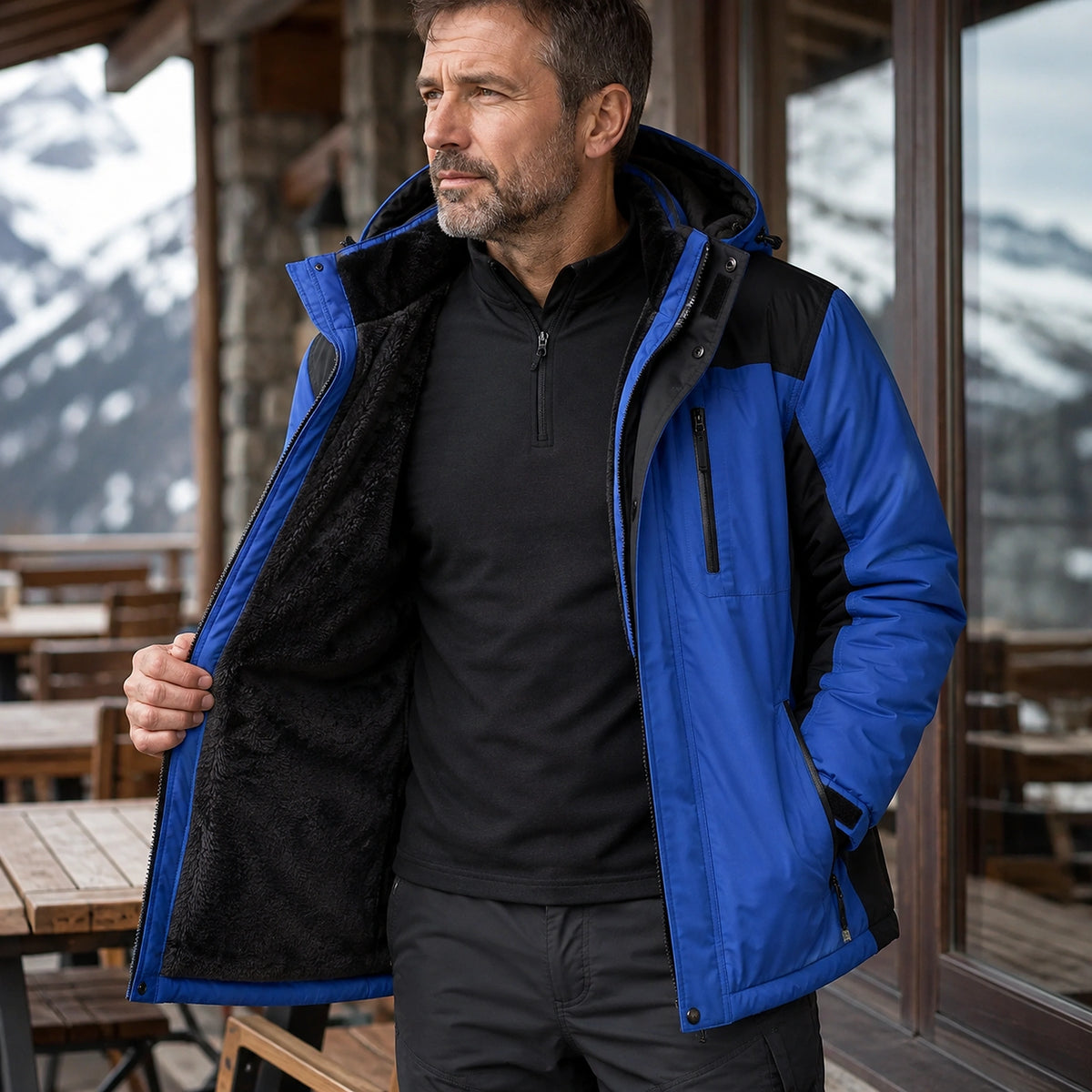parka coat — William sapphire blue parka fleece lining zippers and fabric detail — view 7