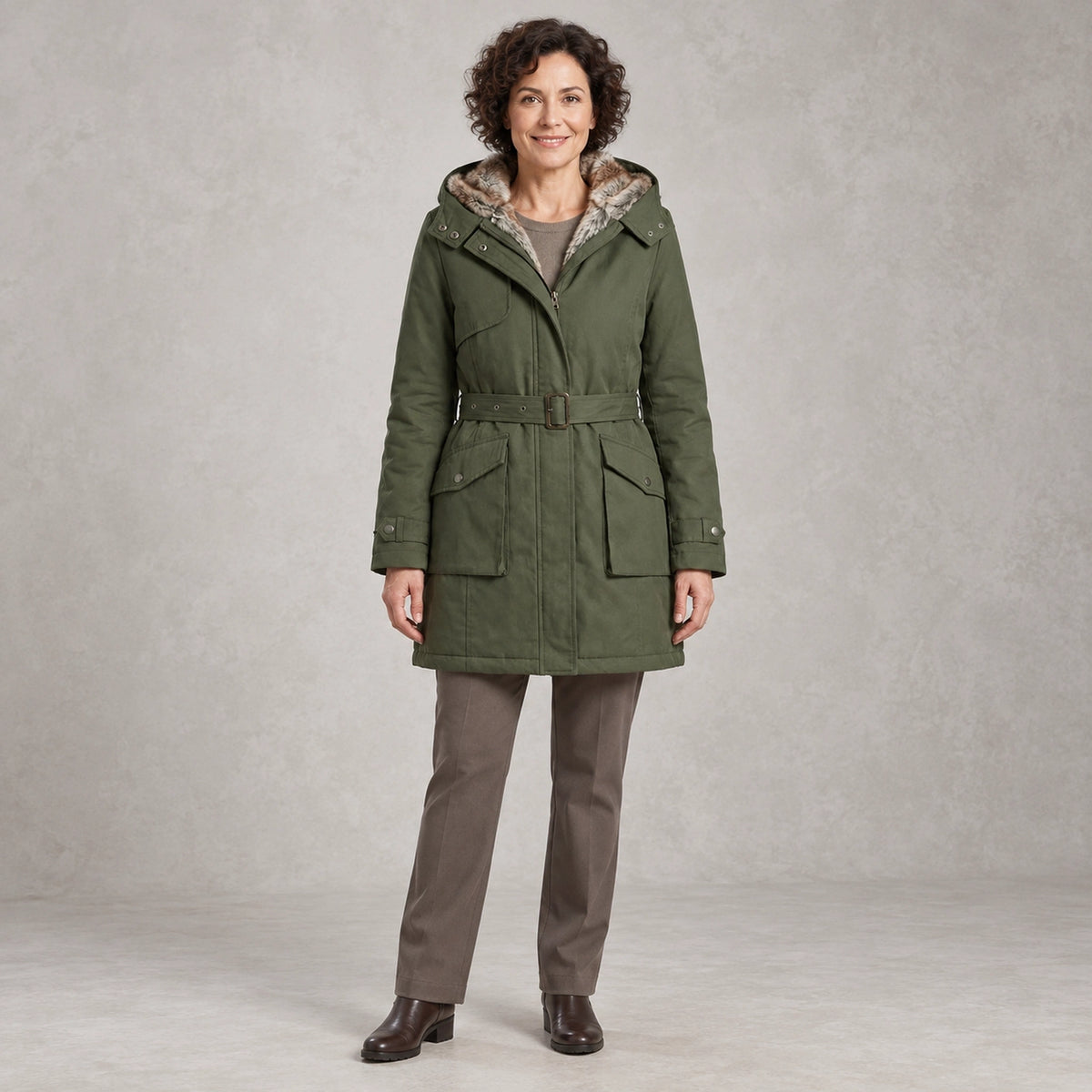 parka coat — Belinda Olive Green front — view 2