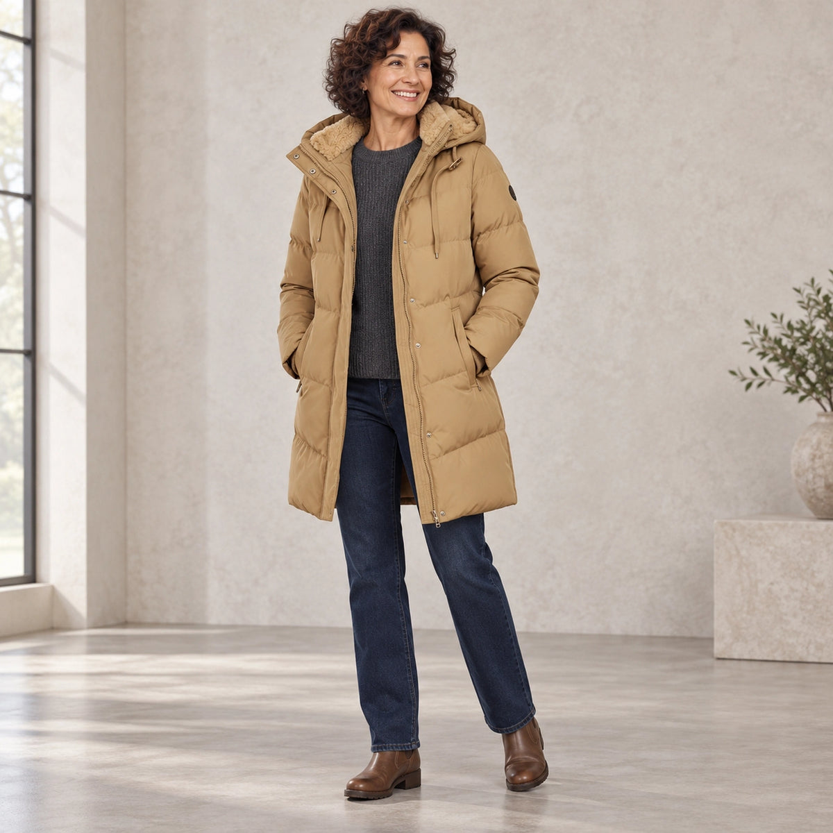 parka coat — Emelie Camel three quarter view — view 5