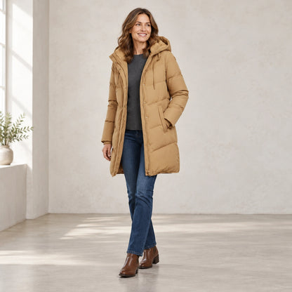 parka coat — Emelie Camel three quarter view — view 4
