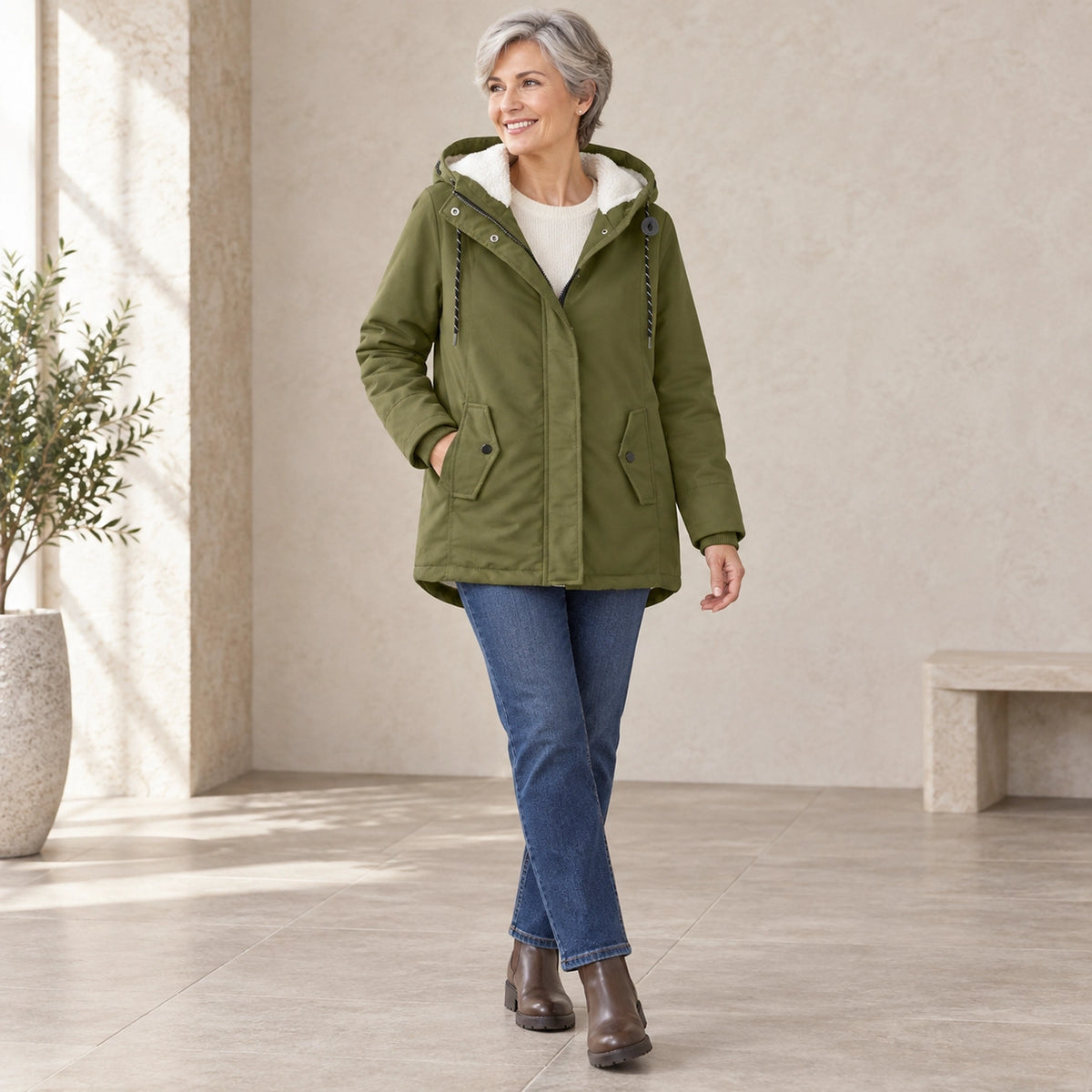 parka coat — Aurora Olive Green three quarter view — view 9