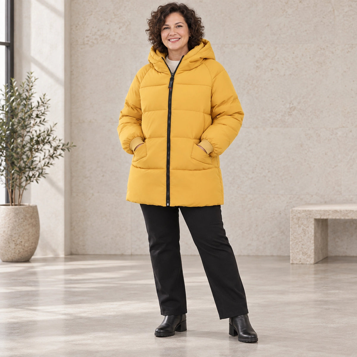 parka coat — Aurora Mustard Yellow three quarter view — view 5