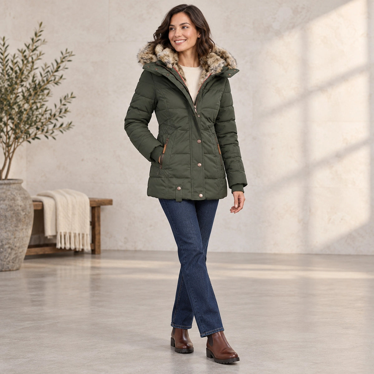 parka coat — Henrietta Olive Green three quarter view — view 7
