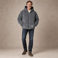 puffer jacket — Image; full front view; Gray; complete product worn by a happy adult model