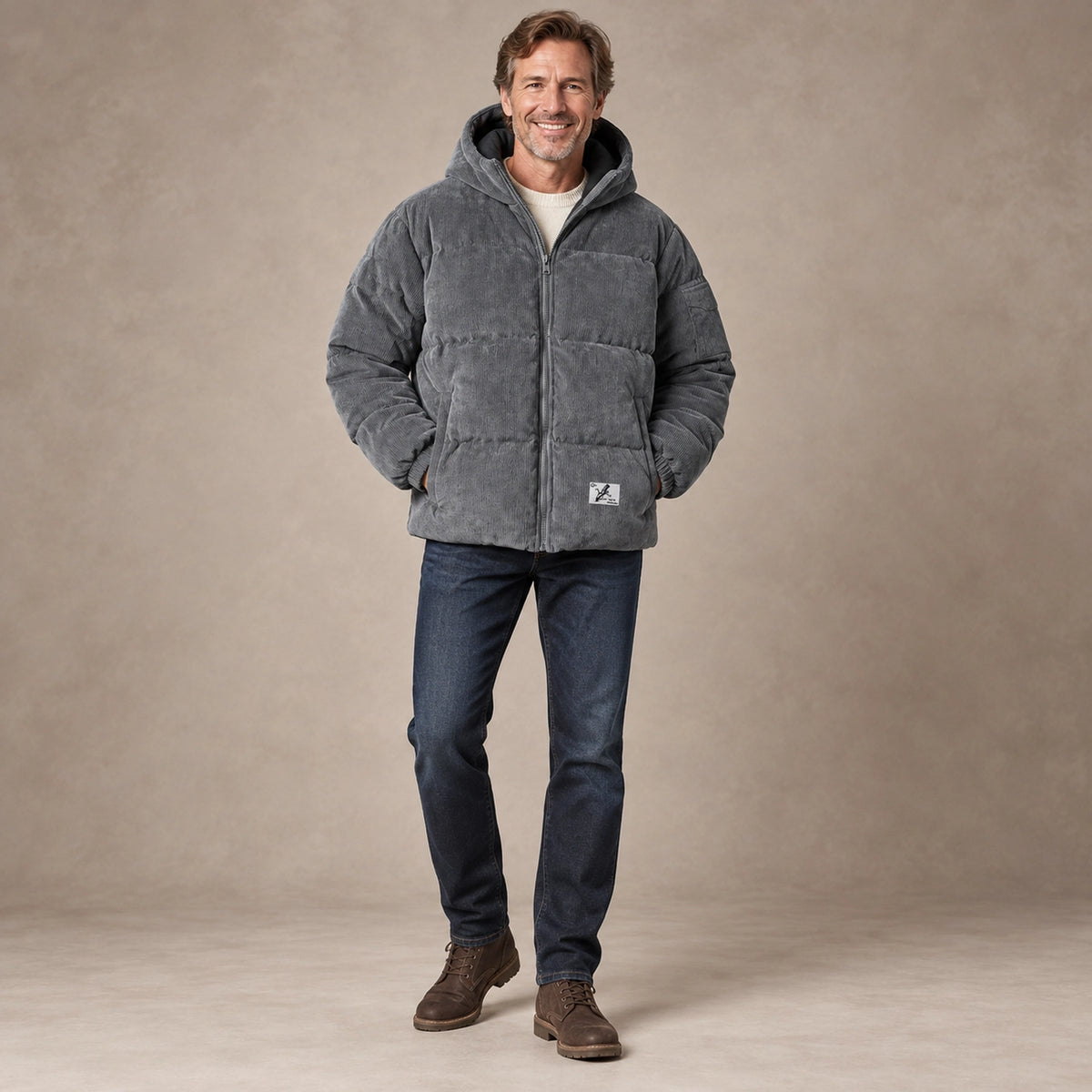 puffer jacket — Image; full front view; Gray; complete product worn by a happy adult model