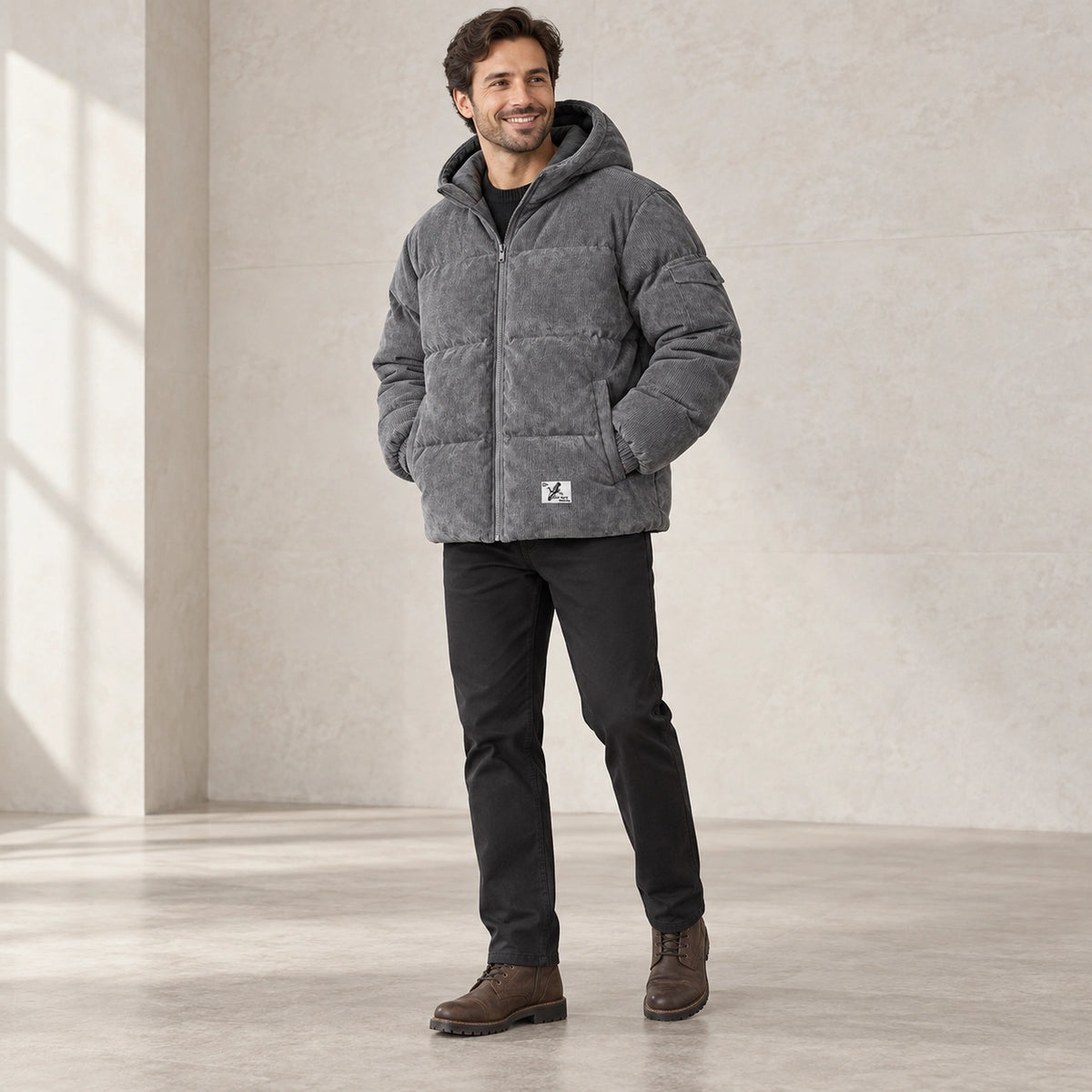 puffer jacket — Usa and Canada October–December three quarter view; Gray; complete product worn by a happy adult — view 2