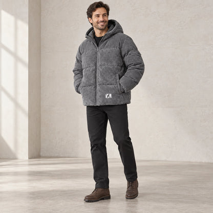 puffer jacket — Usa and Canada October–December three quarter view; Gray; complete product worn by a happy adult — view 2
