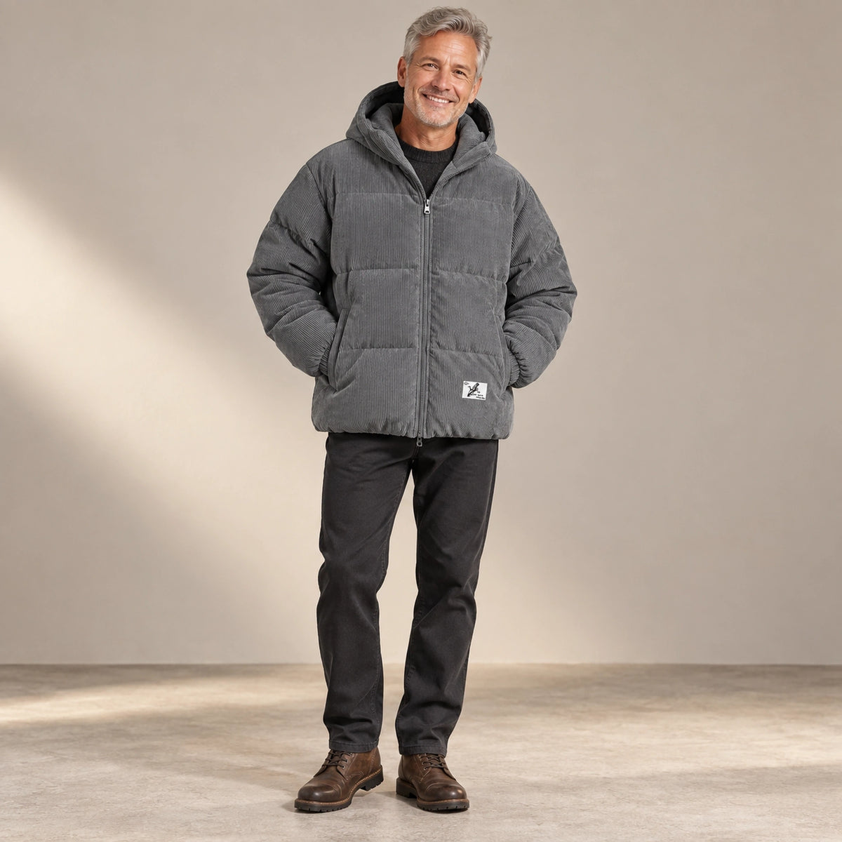 puffer jacket — Usa and Canada October–December alternate angle; Gray; complete product worn by a happy adult model — view 3