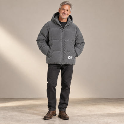 puffer jacket — Usa and Canada October–December alternate angle; Gray; complete product worn by a happy adult model — view 3