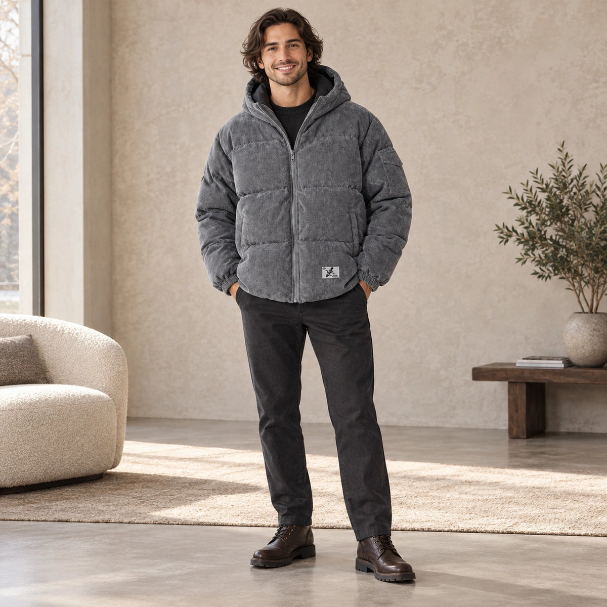 puffer jacket — Usa and Canada October–December front relaxed pose; Gray; complete product worn by a happy adult — view 4