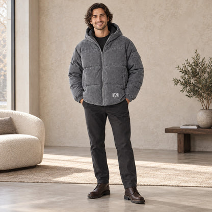 puffer jacket — Usa and Canada October–December front relaxed pose; Gray; complete product worn by a happy adult — view 4