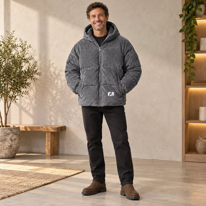 puffer jacket — Usa and Canada October–December front relaxed pose; Gray; complete product worn by a happy adult — view 5