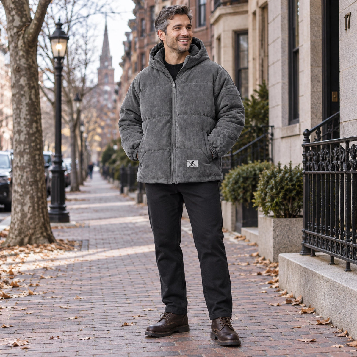 puffer jacket — Usa and Canada October–December 1; Gray; complete product worn by a happy adult model — view 6