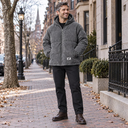 puffer jacket — Usa and Canada October–December 1; Gray; complete product worn by a happy adult model — view 6
